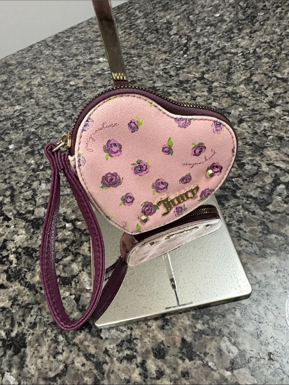 Juicy Couture Pink Floral Heart Wristlet with Purple Strap